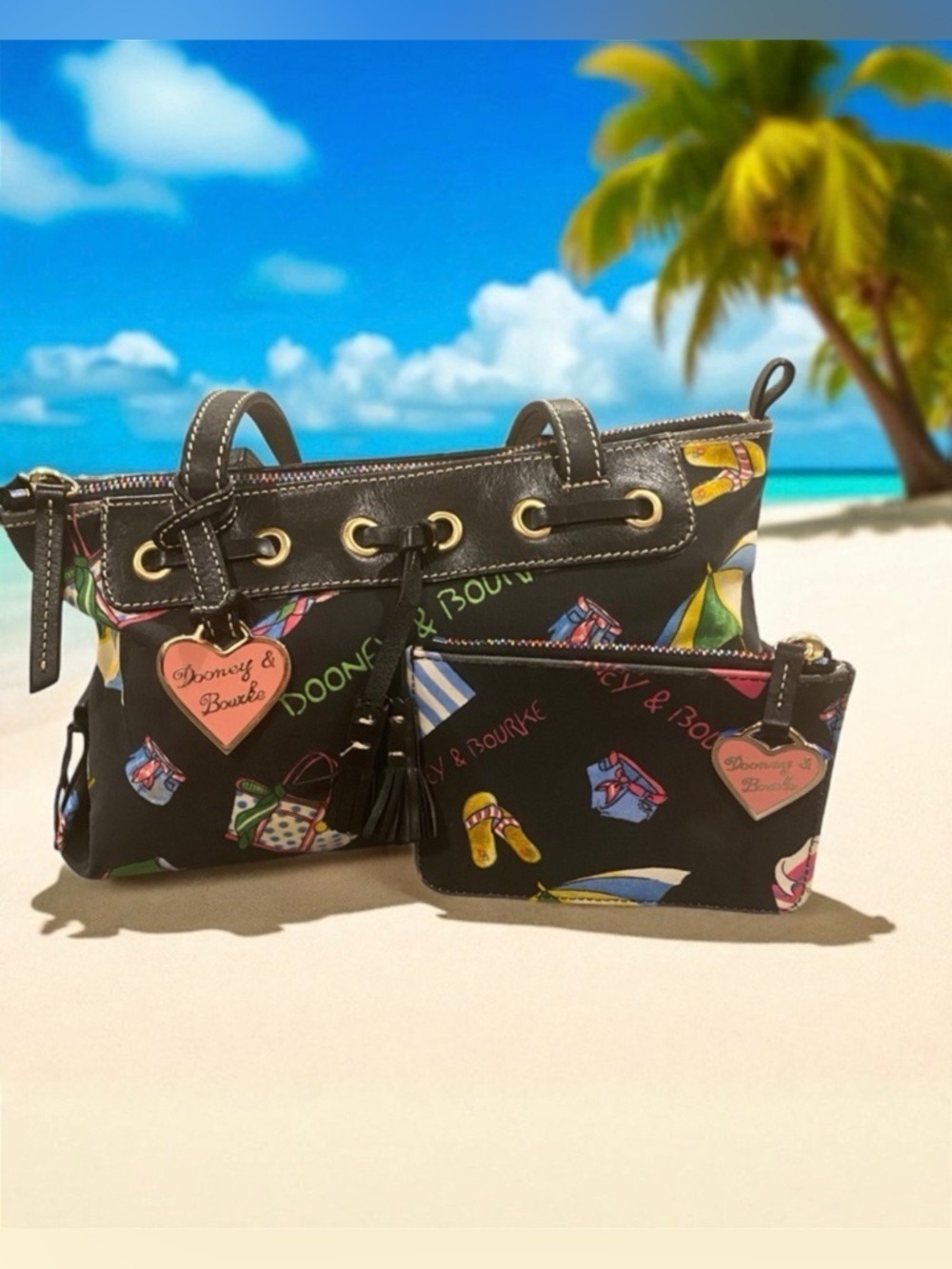 Vintage Y2K Dooney & Bourke Miami Beach Black & Multi Uncoated Bag & Wallet